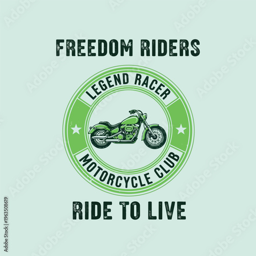 Motorcycle club emblem graphic features a cruiser bike inside a green circular badge with text proclaiming 'Freedom Riders'.