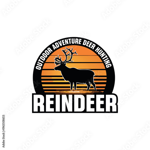 A reindeer silhouette stands against a striped orange sunset within a circular badge proclaiming Outdoor Adventure Deer Hunting.