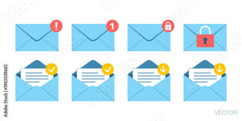 Set of flat style email icons with various notification symbols on white background