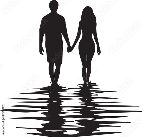 A black silhouette of a man and woman walking toward the viewer while holding hands over rippling water is visible on a plain white backdrop.