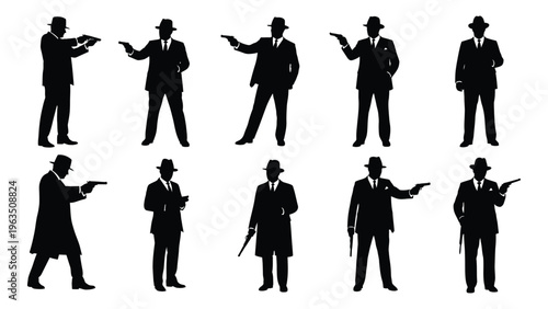 Silhouette illustrations of men in suits and hats