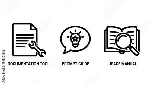Wrench on document for documentation tool, lightbulb in speech bubble for prompt guide, and magnifying glass on book for usage manual icons