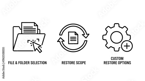 Folder with cursor for file selection, circular arrows on document for restore scope, and gear with plus for custom restore options icons