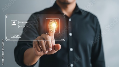 Man using biometric fingerprint login system on a digital interface display