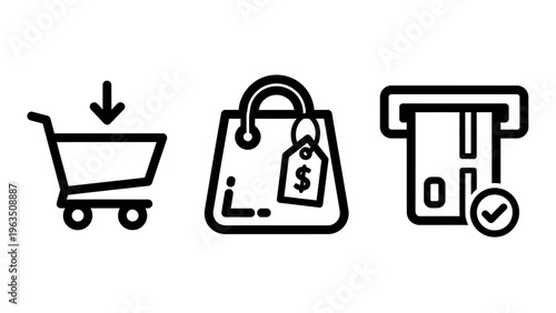 Shopping icons: shopping cart, shopping bag with tag, credit card payment, purchase, retail, e-commerce, online shopping