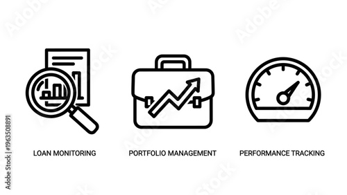 Business performance icons: loan monitoring, portfolio management, performance tracking, chart, briefcase, dashboard, business finance