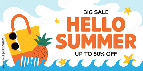 Hello summer big sale up to fifty percent off advertisement with beach accessories