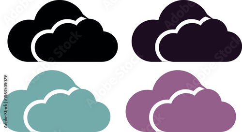 A set of blue speech bubbles and cloudy weather icons featuring cartoon sun and rain elements for web communication and message design