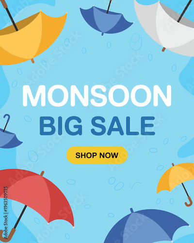 Monsoon sale advertisement with colorful umbrellas on blue background