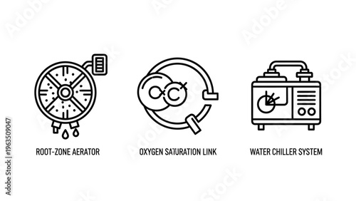 Icons for water filtration, oxygen saturation, and water purification systems in a technical context