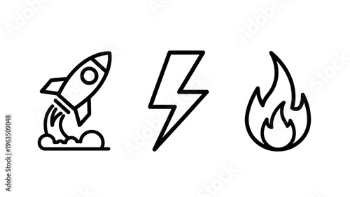 Icons for launch, energy, and fire, representing startup, power, and intensity