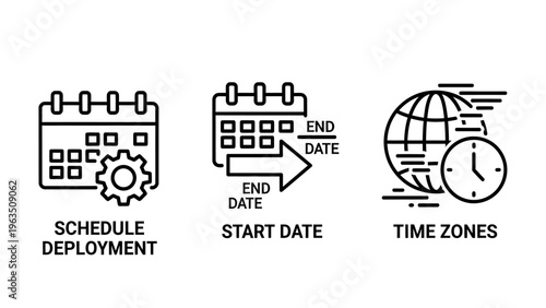 Icons for schedule deployment, start date, end date, and time zones, representing project management and global logistics