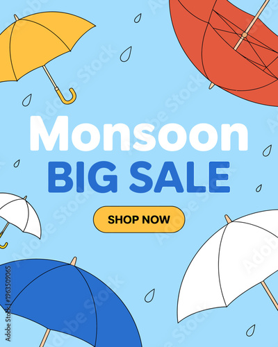Monsoon big sale advertisement with colorful umbrellas and raindrops on blue background