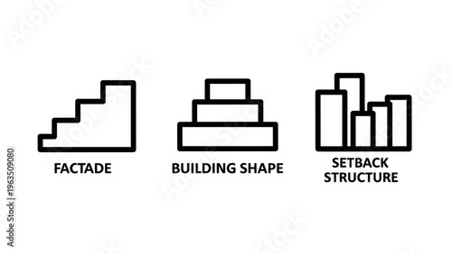Architectural icons illustrating design principles: a stepped facade, stacked building shapes, and a setback structure, real estate