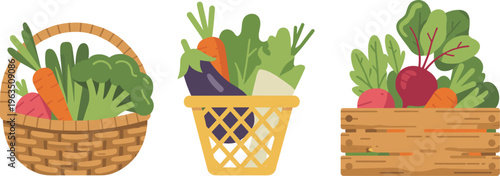 Fresh vegetables basket vector illustration set, organic farm produce with carrot, broccoli, beetroot and eggplant in wicker and wooden crates, isolated healthy food design