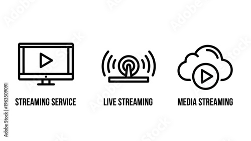 Line icons representing digital media services: a computer screen for streaming service, live streaming broadcast, and cloud media