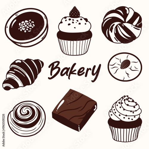 Bakery Vector Set with Cupcake, Croissant, Donut and Chocolate in Vintage Style