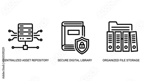 Set of data management icons: server network, secure digital library book, and file folders, representing data storage, organization, and digital asset management