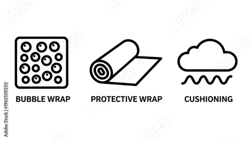 Set of packaging icons: bubble wrap, protective wrap roll, and cloud with rain representing cushioning, protection, and safe delivery of goods, online shopping