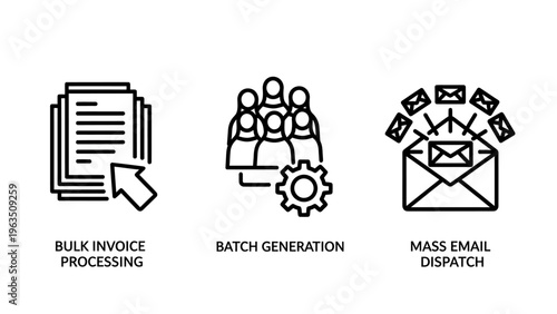 Set of business process icons: bulk invoice processing, batch generation, and mass email dispatch, symbolizing large-scale operations and automation, data processing