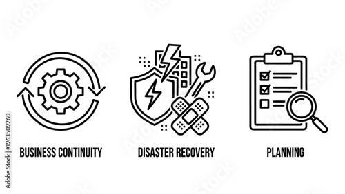 Set of business management icons: business continuity, disaster recovery shield, and planning checklist, representing resilience and strategic foresight