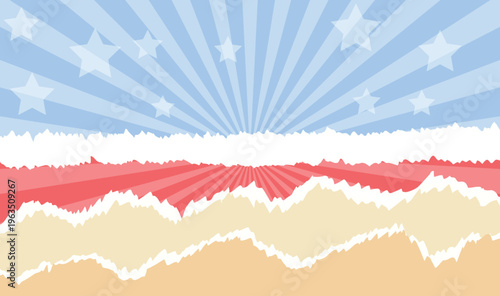 Cheerful Layered Sunburst Background with Blue Sky Stars, Red White Beige Wavy Layers and Radiating Sun Rays, Modern Abstract Landscape Pattern 