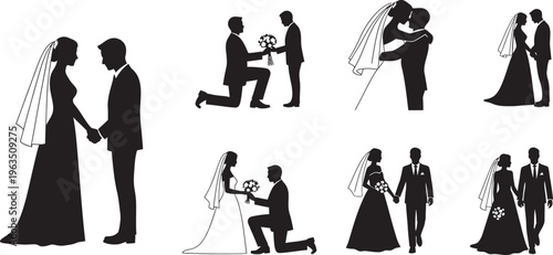 Wedding proposal and marriage silhouette icons