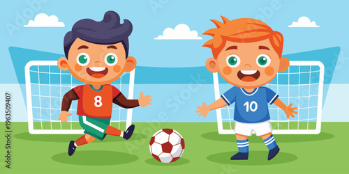 Two young boys playing soccer on a sunny day with joyful expressions