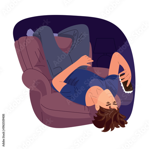 A relaxed man lying upside down on a armchair and using a smartphone at home at night. Concept of a cozy lifestyle and digital communication. Modern flat vector illustration.