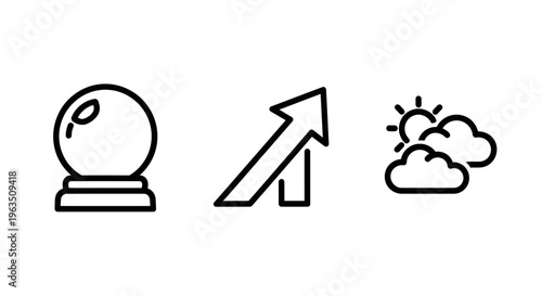 Fortune telling crystal ball, upward trend arrow, sunny weather cloud icons: future, growth, and outlook concepts in minimalist line art