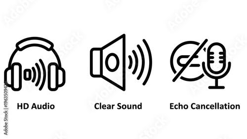 Hd audio headphones, clear sound speaker, echo cancellation microphone icons: sound quality, audio technology, and communication features in minimalist line art