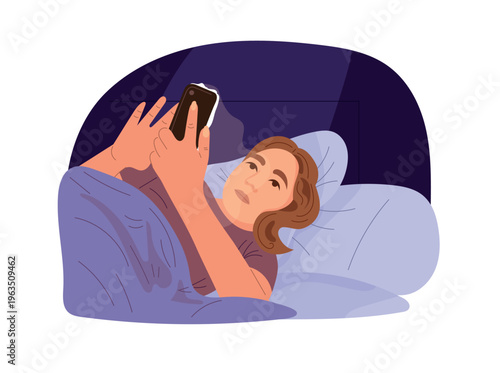 Woman lying in bed using smartphone at night, insomnia and screen addiction concept, cozy bedroom scene, modern flat vector illustration with soft lighting