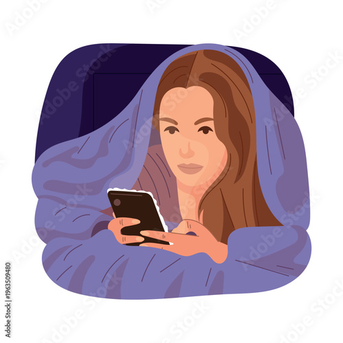 Woman lying in bed using smartphone at night, insomnia and screen addiction concept, cozy bedroom scene, modern flat vector illustration with soft lighting