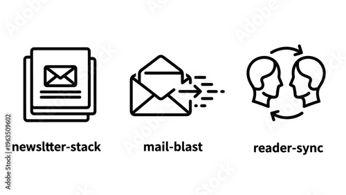 Communication and information icons: newsletter stack, email blast with speed lines, reader synchronization, line art