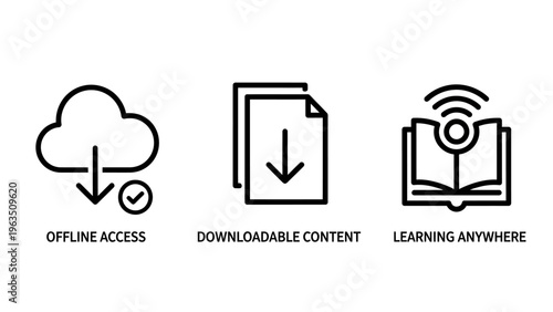 Digital learning icons: cloud with download checkmark for offline access, document download, book with wi-fi symbol, line art
