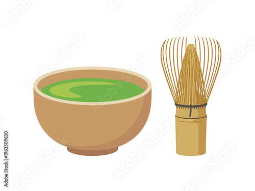 Cartoon illustration of matcha green tea in wooden bowl with bamboo whisk