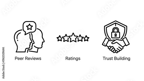 Trust and reputation icons: peer reviews speech bubbles, star ratings, handshake with shield for trust building, line art