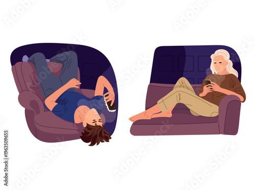 A woman and a man relaxing on a sofa in the evening, using a smartphone at home. Concept of a cozy lifestyle and digital communication. Flat vector illustration isolated on a white background.