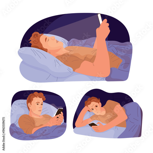 Man lying in bed using smartphone at night, insomnia and digital addiction concept, cozy bedroom scene, modern flat vector illustration with soft light