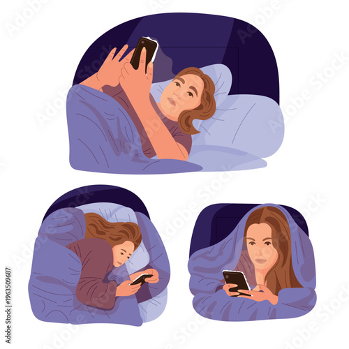 Woman lying in bed using smartphone at night, insomnia and screen addiction concept, cozy bedroom scene, modern flat vector illustration with soft lighting