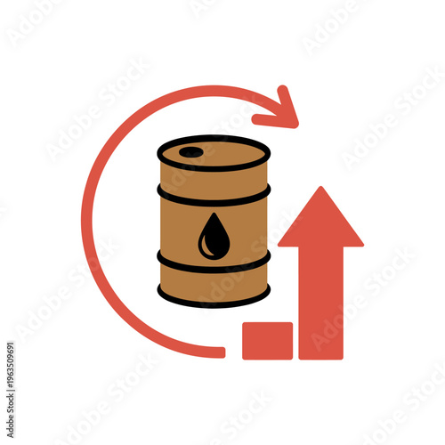 Oil barrel with increasing graph and circular arrow on white background