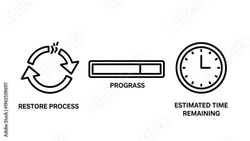 Icons for restore process, progress bar, and estimated time remaining - time management, system operations, and waiting concepts