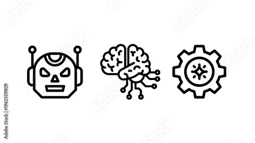 Artificial intelligence icons: robot head, brain with circuits, and gear symbol for technology and robotics concepts, black and white
