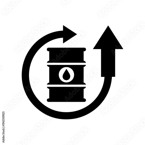 Oil barrel with circular arrow and upward arrow symbol  increasing oil prices concept