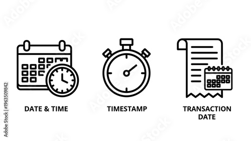 Calendar, clock, stopwatch, and receipt icons representing date, time, and transaction details, black and white