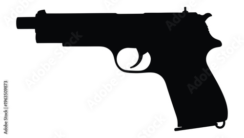 A black silhouette of a semi automatic pistol on a white background