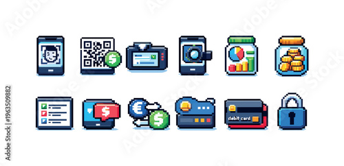 Pixel art icons representing financial transactions, security, and data analysis