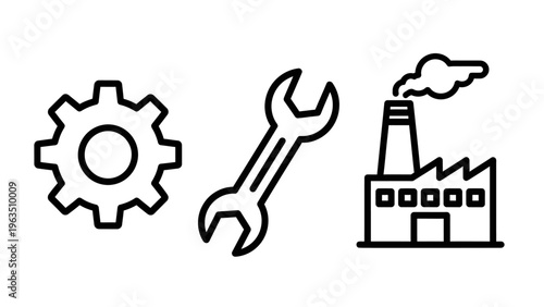 Industrial engineering tools and manufacturing factory outline icons vector illustration for production