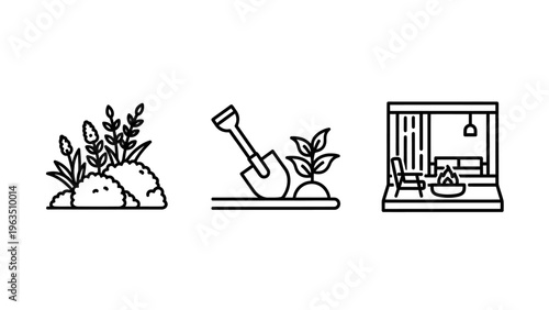 Gardening, planting, and interior design room outline icons vector illustration for home and lifestyle