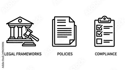 Legal frameworks, corporate policies, and regulatory compliance outline icons vector illustration